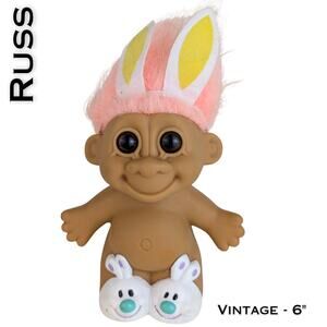 VTG Russ Easter Bunny Ears Troll Doll 5" Girl Peach Hair White Bunny Slippers